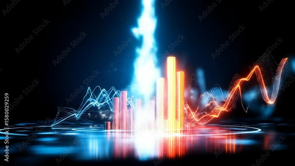 Poster futuristic glowing bar graph with blue and orange neon, digital data visualization, abstract technol