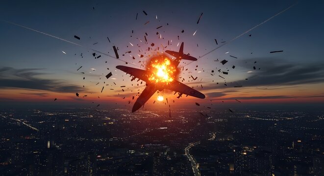 Fighter Jet Exploding Midair Over Cityscape at Sunset with Debris and Fireball