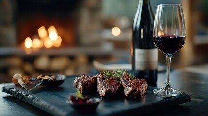 Gourmet dining scene with lamb chops and wine, moody lighting on a dark serving tray