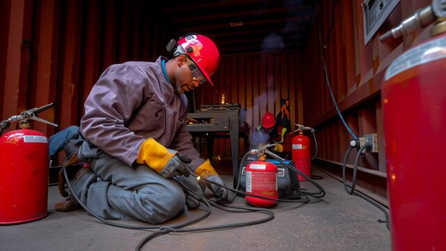 Industrial worker with safety helmet and protective gloves handling fire extinguisher and safety equipment for fire safety