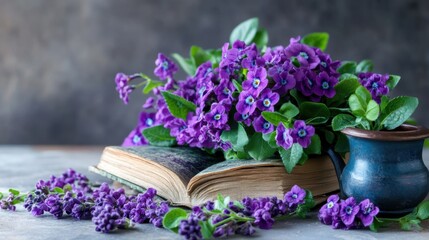 Fototapeta premium Harmony of nature and literature with roses and violets as centerpieces