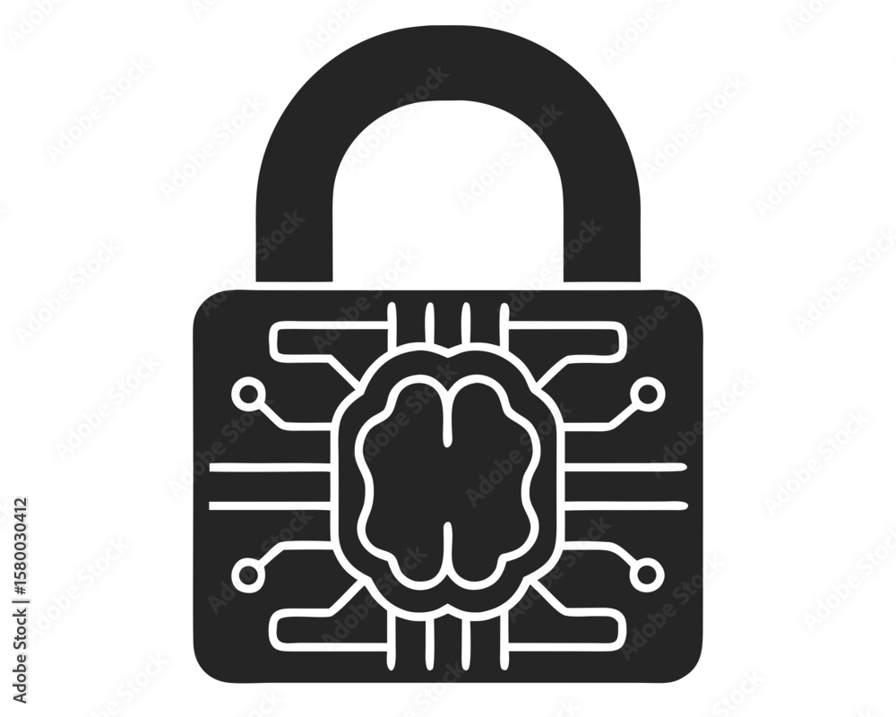 Poster conceptual illustration of a lock integrated with a brain representing cyber security