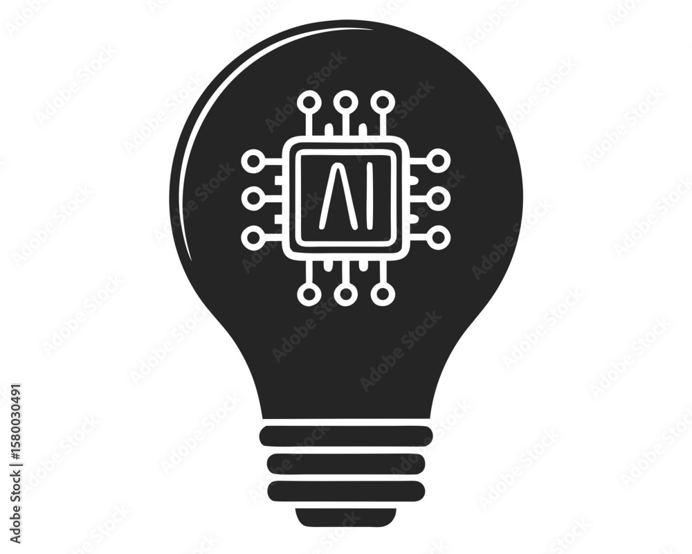 Poster minimalist lightbulb silhouette design with ai microchip symbolizing artificial intelligence