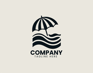 Relaxing Summer Bank Holiday Beach Umbrella Waves Vacation Vector Logo Design