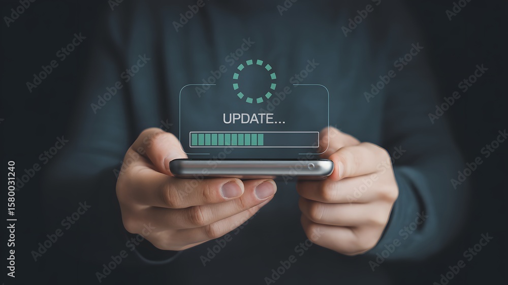 Poster person holding smartphone with software update progress bar representing technology upgrade system m