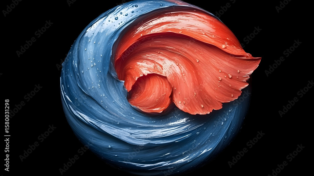 Fototapete Abstract circle liquid motion flow explosion. Curved wave colorful pattern with paint drops on black background