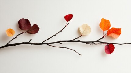 Lightly scattered orange and red leaves on thin twigs, set against a muted background of soft white
