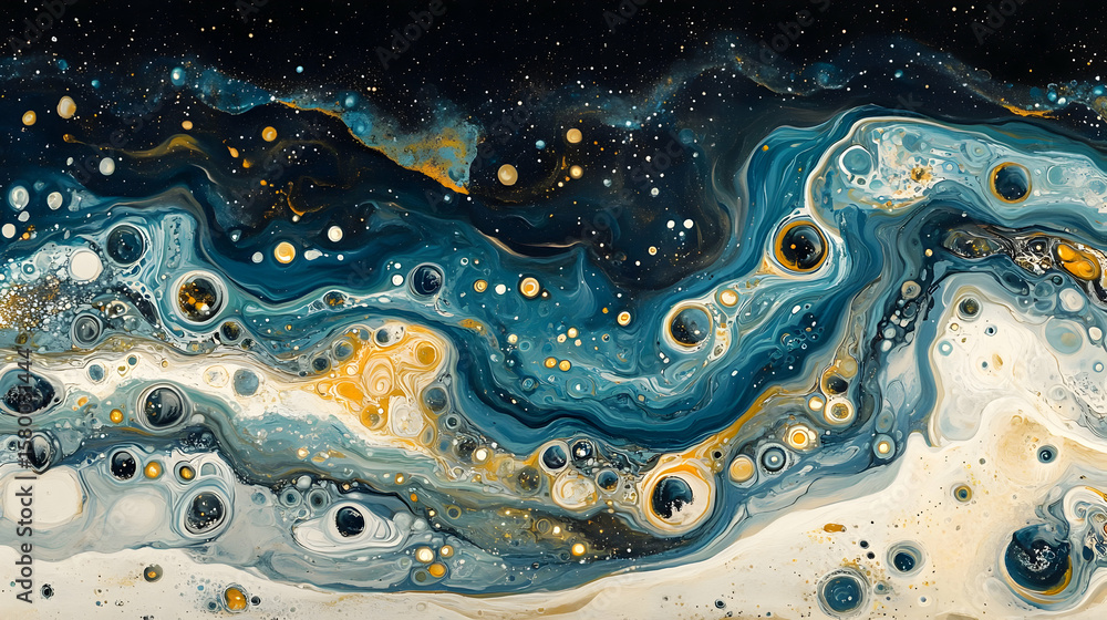 Fototapete Abstract circle liquid motion flow explosion. Curved wave colorful pattern with paint drops on black background