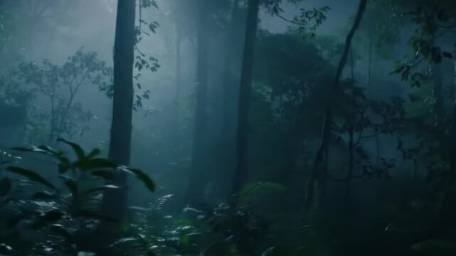 dark and misty jungle scene with dense foliage and an atmospheric fog.