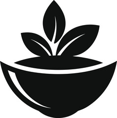 Black and white vector illustration of a potted flower with leaves, a nature-inspired floral design icon