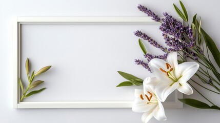 Minimalist light gray frame with elegant lily and sprigs of lavender