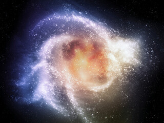 Irregular galaxy in space. Stars and cosmic dust. Galaxy after collision on black background.