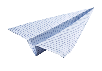 Paper airplane with blue stripes on transparent background background This