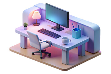 A modern isometric office desk setup with computer and accessories isolated on transparent background