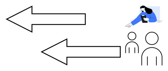 Two large arrows pointing left symbolize directional workflow. Minimalist figures represent teamwork and collaboration. Ideal for business process, communication, teamwork, education, instruction
