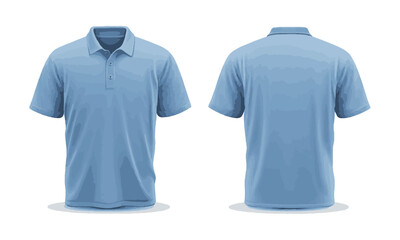 Modern Vector illustration of a blue polo shirt with a standard collar and three buttons on the front, Blank collared blue shirt mock-up template, front and back view, easily editable and scalable.