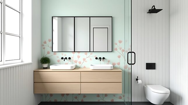 Stylish bathroom with double sinks and floral accents - Powered by Adobe