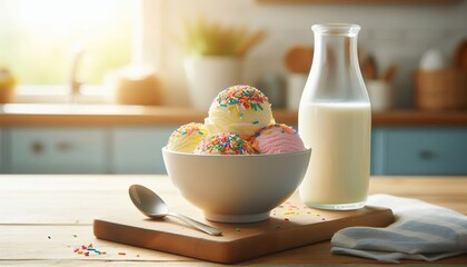 Milkshake ice cream, milk glass, blurred background