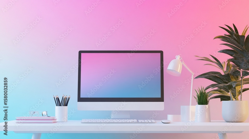 Poster modern workspace aesthetic with a desktop computer and vibrant gradient