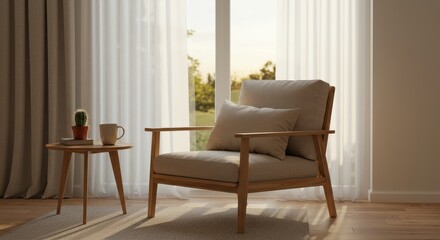 Cozy Living Room Corner with Wooden Chair, Side Table, Coffee Cup, and Green Plant Near Bright Window with Sheer Curtains