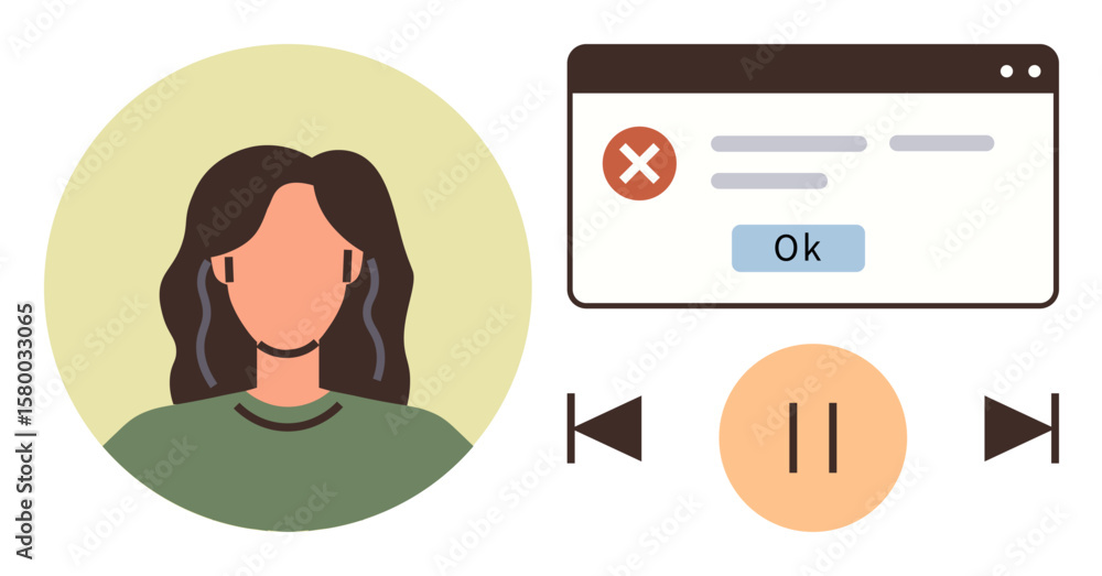 Poster female avatar next to error message popup with ok, playpause and navigation controls. ideal for user
