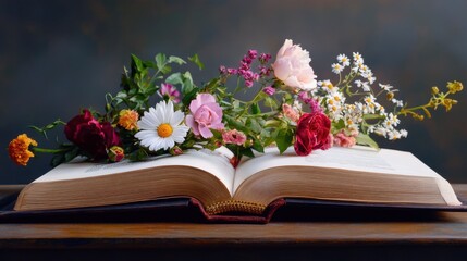 Open book with pages gently curved, adorned with vibrant roses, daisies, and wildflowers in soft sunlight