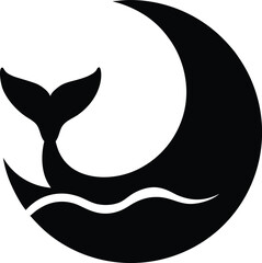 Whale Tail Silhouette with Crescent Moon Ocean Dreamscape Illustration