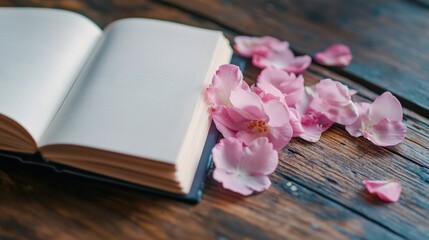 Fototapeta premium Open journal filled with pastel blooms, petals gently scattered on a wooden surface