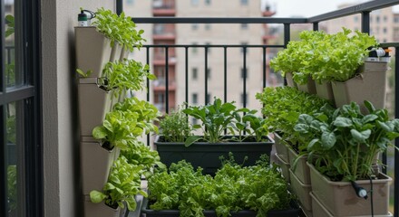 Green Urban Balcony Garden with Fresh Vegetables and Lush Greens in City Setting