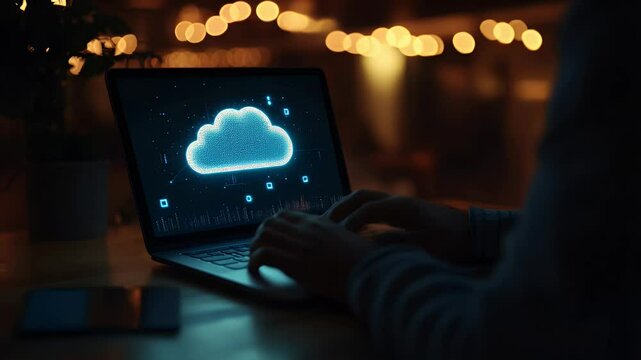 Person working on laptop at night with cloud icon on screen