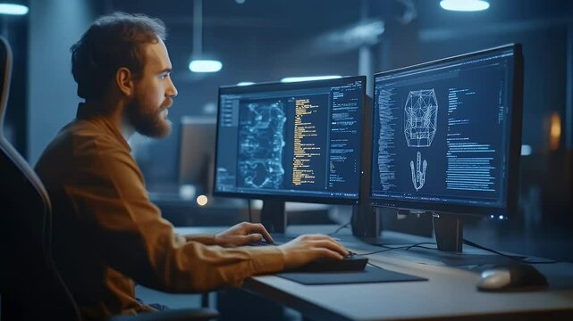 Person working on computer with multiple screens showing complex data visualizations