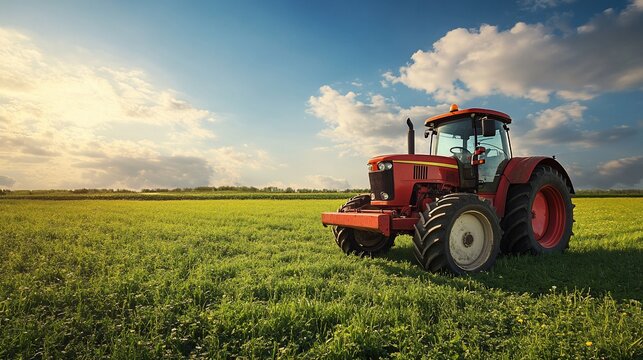 Red tractor standing tall amidst a lush green field under a vibrant sky
