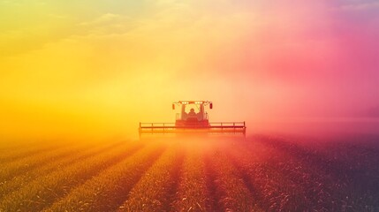 Fototapeta premium Agricultural machinery working during colorful sunrise in a vast field