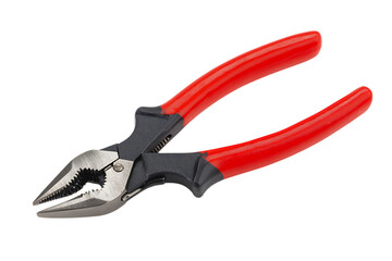 Red handled needle nose pliers isolated on black background.
