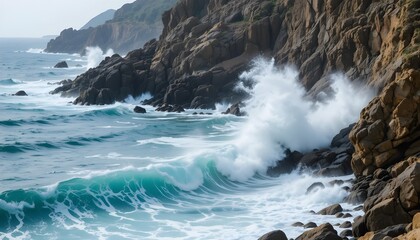 a rocky coastline with ocean waves crashing against jagged cliffs, captured with sharp clarity and fast shutter speed to freeze water droplets in motion -