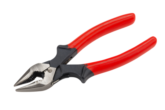 Red handled needle nose pliers isolated on black background.