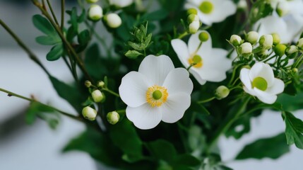 Obraz premium Refined floral styling with white flowers nestled among olive green stems