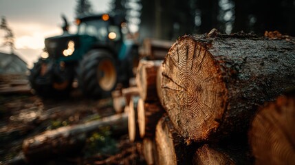 Harvested Timber Stacked with Logging Machine in Background
