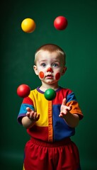 Playful Child Performer Cheerful Youngster with Orange Cheeks and Red Nose Juggling Against a Green Background