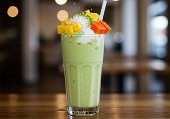 Refreshing Green Smoothie with Tropical Fruits and Toppings on Wooden Table in Cozy Café Setting