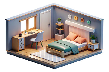 An isometric view of a cozy bedroom with a desk and a comfortable bed isolated on transparent background