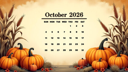 October 2026 calendar with a rustic autumn background featuring pumpkins and dry corn stalks. Cozy seasonal design perfect for planners, prints, and fall-themed projects.