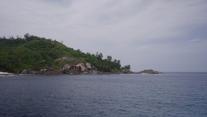 Panoramic view from a boat of Seychelles island in January