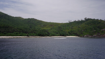 Panoramic view from a boat of Seychelles island in January