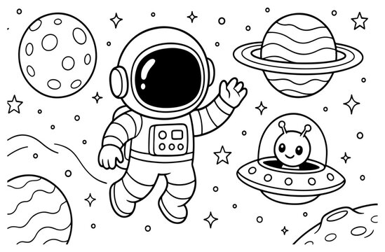 Coloring pages for kids of astronauts in outer space