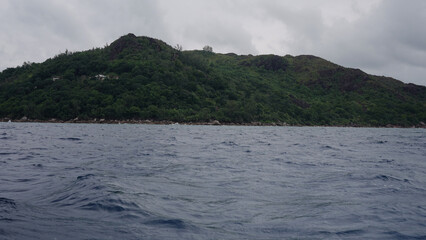 Panoramic view from a boat of Seychelles island in January