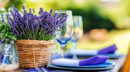 Rustic table setting with a basket of fragrant lavender flowers