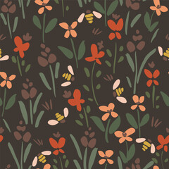Bees flying over tiny wild flowers in a garden, as a botanical maximalist meadow pattern in colors of red, brown, peach and green on black. Seamless vector pattern. Great for home decor, fabric, gifts