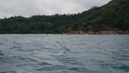 Panoramic view from a boat of Seychelles island in January