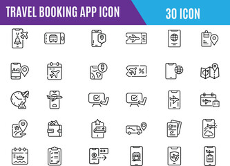 travel booking app icon set, Solid style icons of travel booking apps:  calendar, map, mobile booking screen, search flights icon, destination list, travel app icon.